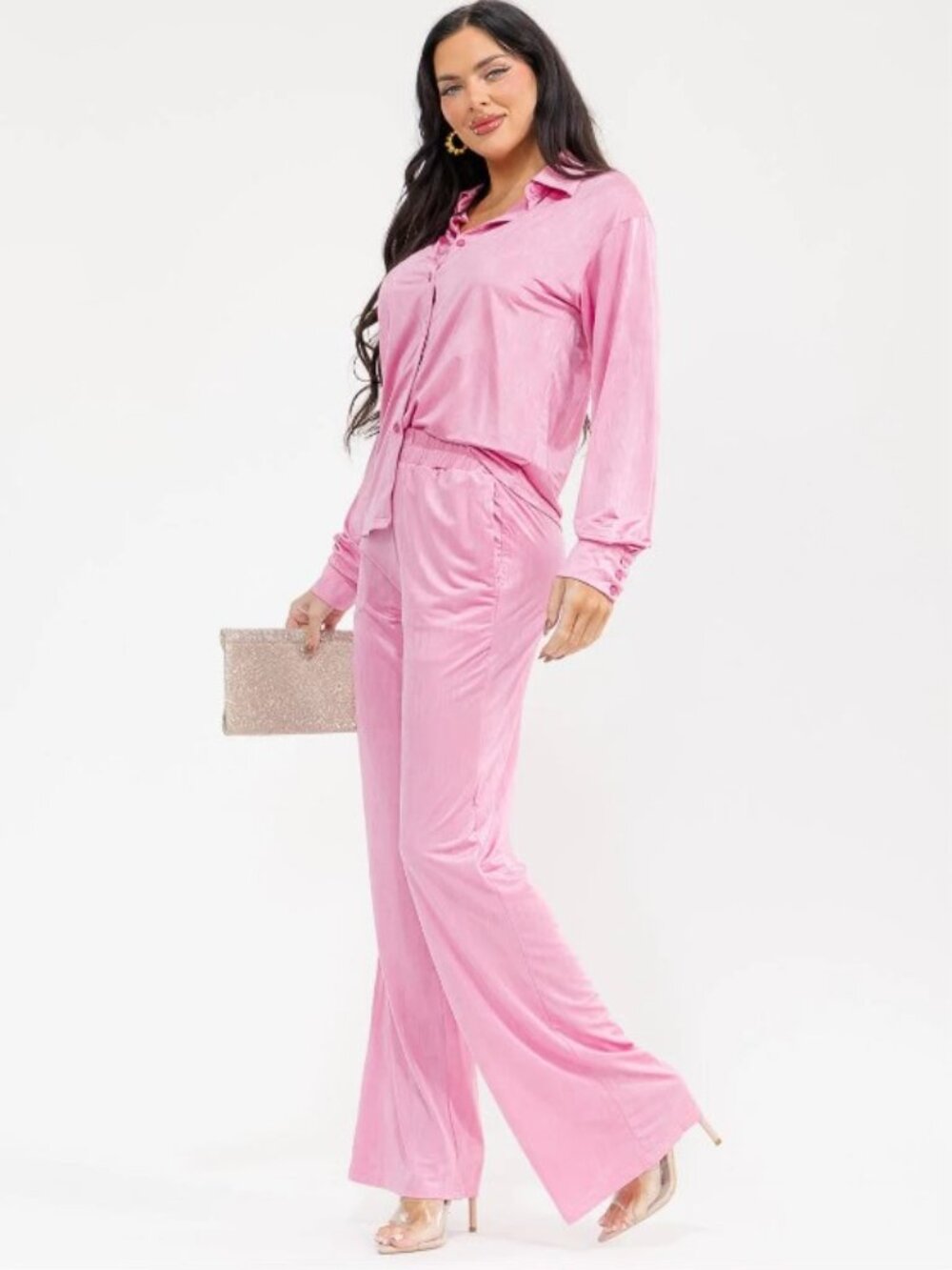 Pink Two-Piece Set – Luxe Button-Up Top & Wide-Leg Pants